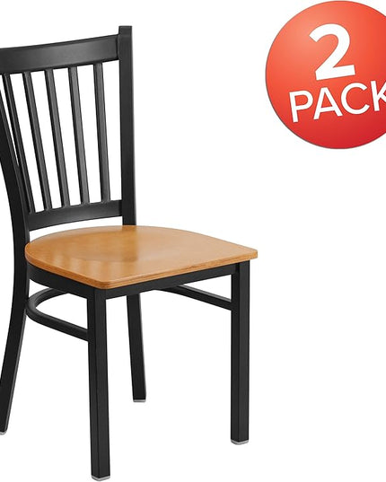 Flash Furniture 2 Pack HERCULES Series Black Vertical Back Metal Restaurant Chair - Natural Wood Seat - LeafyLoom