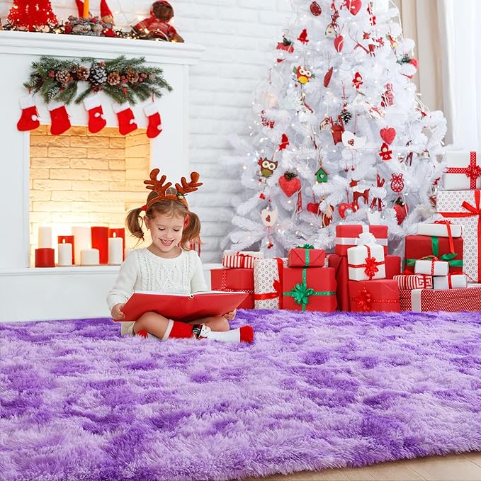 AROGAN Soft Rainbow Area Rugs for Girls Room 4x6 Feet, Fluffy Girls Bedroom Rugs, Princess Rug, Cute Colorful Carpet for Kids Teens Nursery Toddler, Purple - LeafyLoom