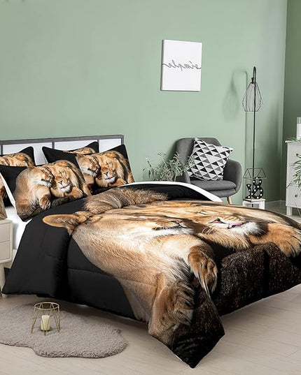 Bodhi Lover Couple Lion Comforter Set Full Soft Microfiber Lion Bedding Set Full Size Animal Comforter Set with Pillowcases,1 Comforter+2 Pillow Shams #4004 - LeafyLoom