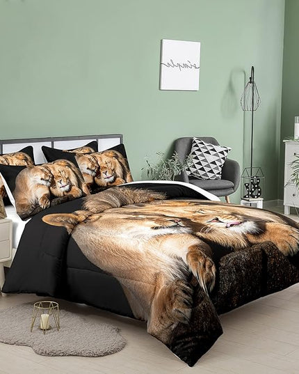 Bodhi Lover Couple Lion Comforter Set King Soft Microfiber Lion Bedding Set King Size Animal Comforter Set with Pillowcases,1 Comforter+2 Pillow Shams #4004 - LeafyLoom