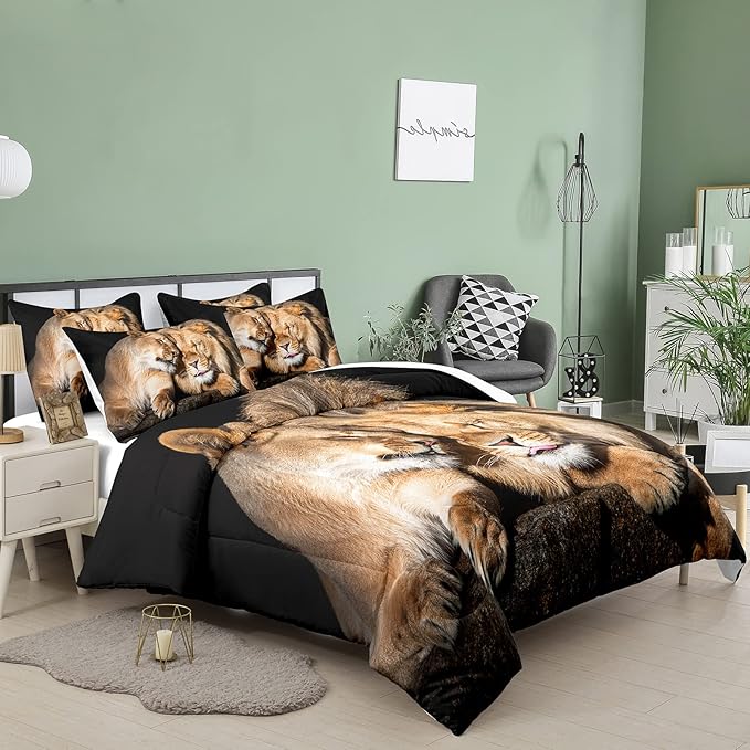 Bodhi Lover Couple Lion Comforter Set King Soft Microfiber Lion Bedding Set King Size Animal Comforter Set with Pillowcases,1 Comforter+2 Pillow Shams #4004 - LeafyLoom