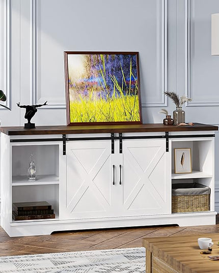 IDEALHOUSE Farmhouse TV Stand for 65 Inch TV Entertainment Center TV Media Console Table, Barn Door TV Stand with Storage and Shelves, Tall Modern TV Console Table Furniture for Living Room (White) - LeafyLoom