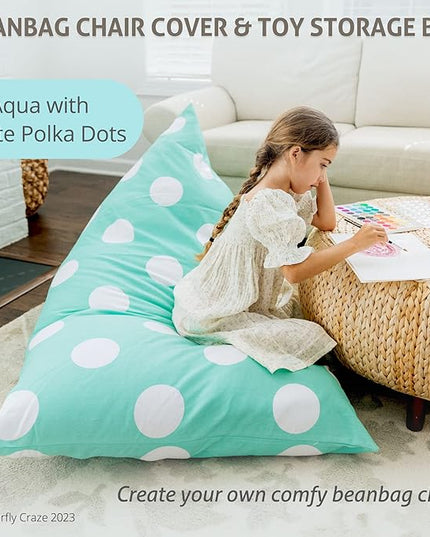 Butterfly Craze Bean Bag Chair Cover, Functional Toddler Toy Organizer, Fill with Stuffed Animals to Create a Jumbo, Comfy Floor Lounger for Boys or Girls, Stuffing Not Included, Aqua Polka Dots - LeafyLoom