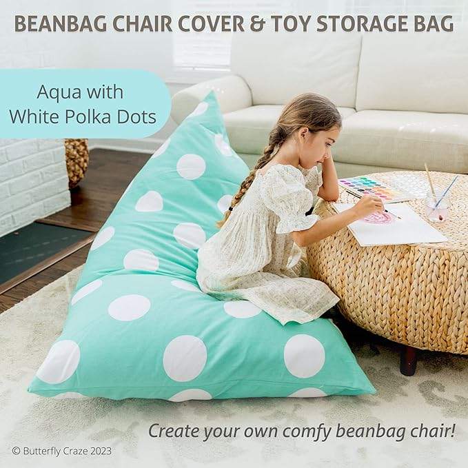 Butterfly Craze Bean Bag Chair Cover, Functional Toddler Toy Organizer, Fill with Stuffed Animals to Create a Jumbo, Comfy Floor Lounger for Boys or Girls, Stuffing Not Included, Aqua Polka Dots - LeafyLoom