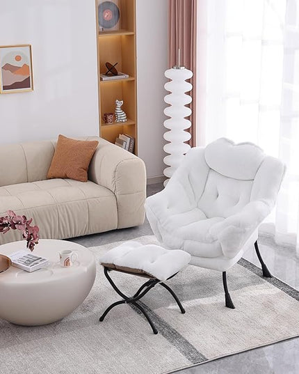 Lazy Chair with Ottoman, Modern Accent Chair Contemporary Lounge Leisure Upholstered Sofa Chair Set with Armrests, Reading Chair for Living Room, Bedroom, Office, Plush White - LeafyLoom