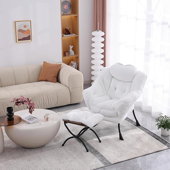 Lazy Chair with Ottoman, Modern Accent Chair Contemporary Lounge Leisure Upholstered Sofa Chair Set with Armrests, Reading Chair for Living Room, Bedroom, Office, Plush White - LeafyLoom