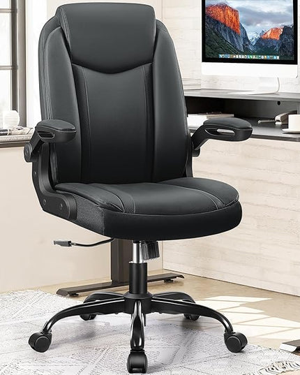 Office Chair Ergonomic Computer Desk Chair, Executive Leather Office Chair with Adjustable Flip-up Armrests Height, Swivel Task Chair with Lumbar Support Rocking Function for Home Office(Black) - LeafyLoom