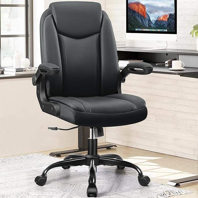 Office Chair Ergonomic Computer Desk Chair, Executive Leather Office Chair with Adjustable Flip-up Armrests Height, Swivel Task Chair with Lumbar Support Rocking Function for Home Office(Black) - LeafyLoom