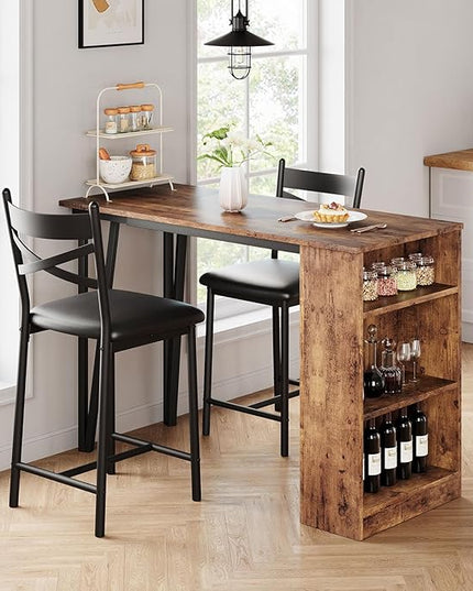 GAOMON Dining Table Set for 2, Kitchen Bar Table and Chairs Set for 2, 3PCS Kitchen Table Set with 2 Upholstered Chairs, Expandable Counter Height Bar Table Set with 3 Storage, Rustic Brown - LeafyLoom