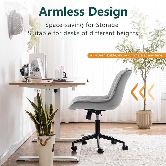 YOUNUOKE Comfortable Desk Chair, Home Office Chairs with Wheels, Armless Samll Comfy Vanity Chairs, PU Leather Computer Task Work Desk Chairs, Gery - LeafyLoom