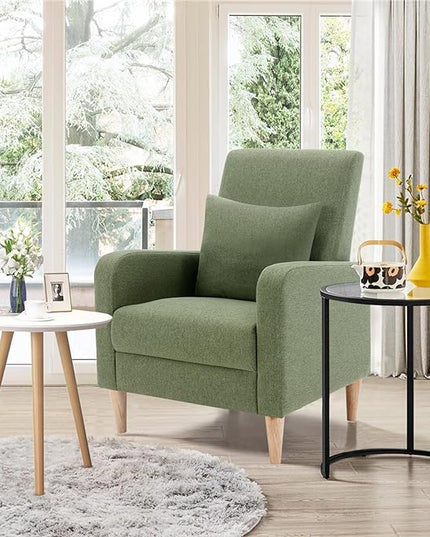 COLAMY Modern Upholstered Accent Chair Armchair with Pillow, Fabric Reading Living Room Side Chair,Single Sofa with Lounge Seat and Wood Legs, Green - LeafyLoom