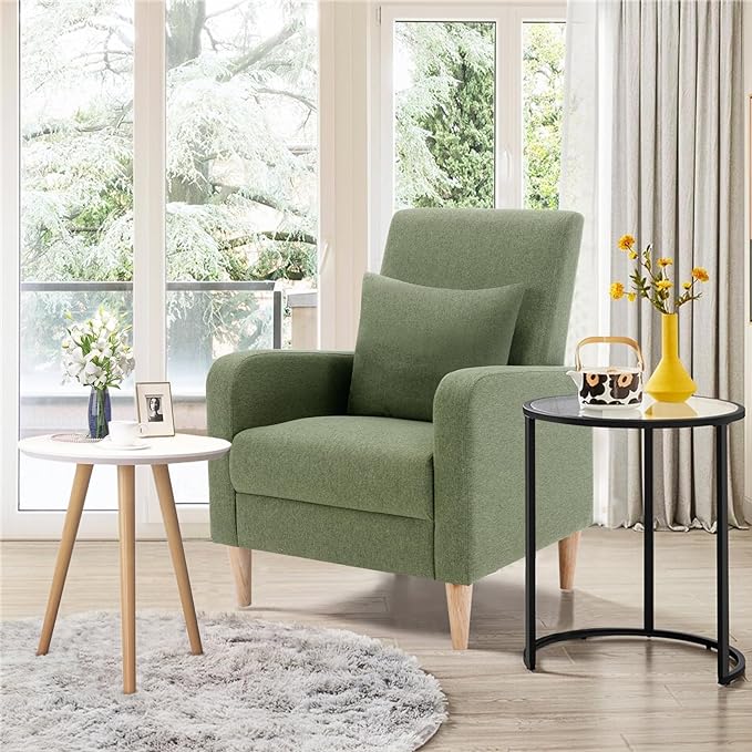 COLAMY Modern Upholstered Accent Chair Armchair with Pillow, Fabric Reading Living Room Side Chair,Single Sofa with Lounge Seat and Wood Legs, Green - LeafyLoom