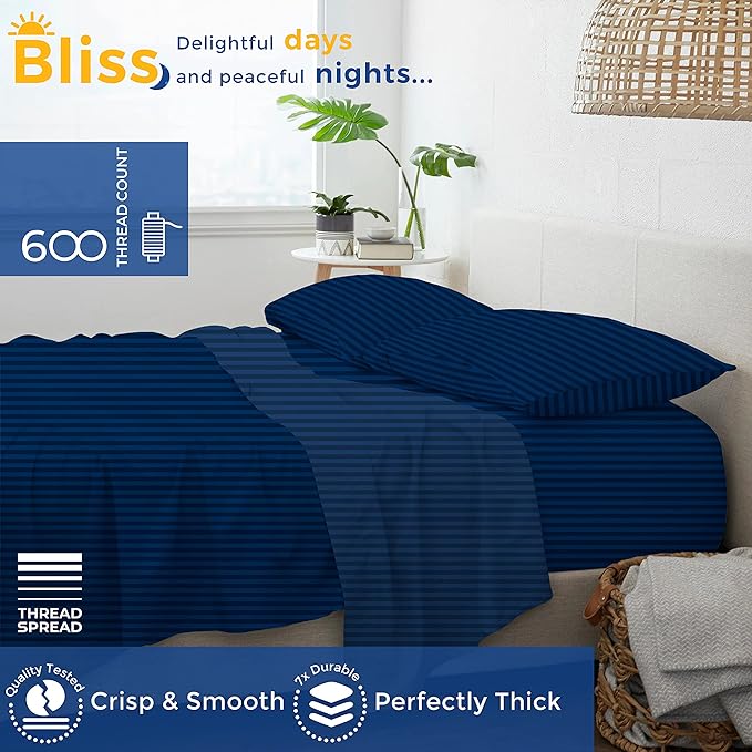THREAD SPREAD Luxury Egyptian Cotton Twin Stripe Sheet Set - 600 Thread Count Extra Long Staple 3 PC Set, Twin Damask Sheets, Soft, Cooling Sateen Weave Striped Sheets Upto 18" Deep Pocket - Navy Blue - LeafyLoom