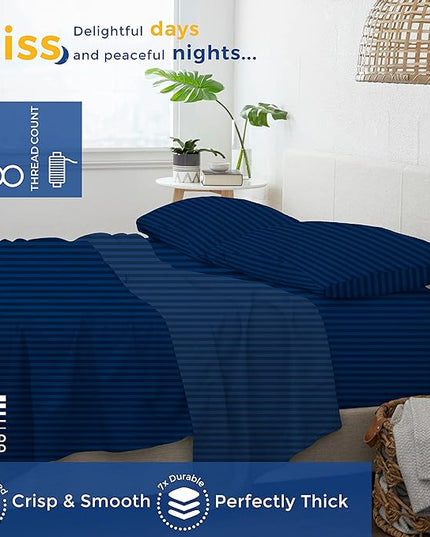 THREAD SPREAD Luxury Egyptian Cotton Queen Stripe Sheet Set, 600 Thread Count Extra Long Staple 4 PC Set, Queen Damask Sheets, Soft, Cooling Sateen Weave Sheets Upto 18" Deep Pocket - Navy Blue - LeafyLoom