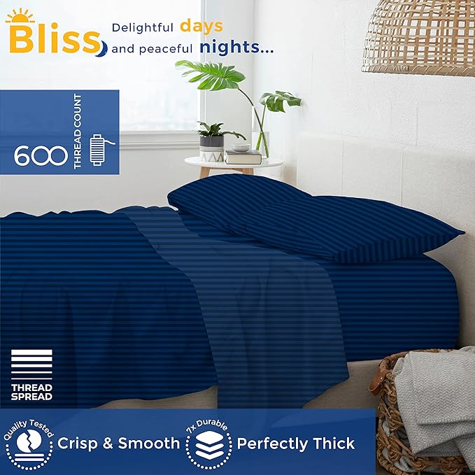 THREAD SPREAD Luxury Egyptian Cotton Queen Stripe Sheet Set, 600 Thread Count Extra Long Staple 4 PC Set, Queen Damask Sheets, Soft, Cooling Sateen Weave Sheets Upto 18" Deep Pocket - Navy Blue - LeafyLoom