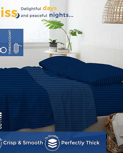 THREAD SPREAD Luxury Egyptian Cotton King Stripe Sheet Set, 600 Thread Count Extra Long Staple 4 PC Set, King Damask Sheets, Soft, Cooling Sateen Weave Sheets Upto 18" Deep Pocket - Navy Blue - LeafyLoom