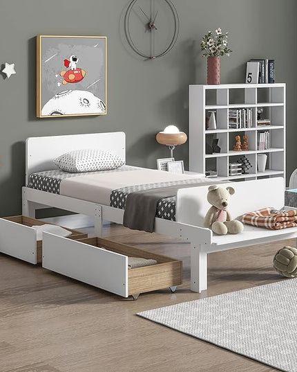 Dolonm Twin Bed Frames for Kids with 2 Drawers, Storage Platform Bed with Footboard Bench, Twin Kids Bed Headboard Frame Pine Wood, High Stable, No Box Spring Needed, Twin Bed for Kids, White - LeafyLoom