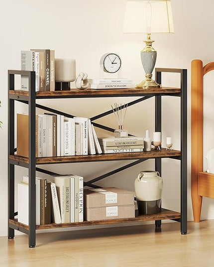 3 Tier Bookshelf 31.49" Width, Wood and Metal Etagere Bookcase, Vintage Farmhouse Modern Wooden Big Book Shelf for Home Living Room Bedroom Office Storage(Rustic Brown) - LeafyLoom