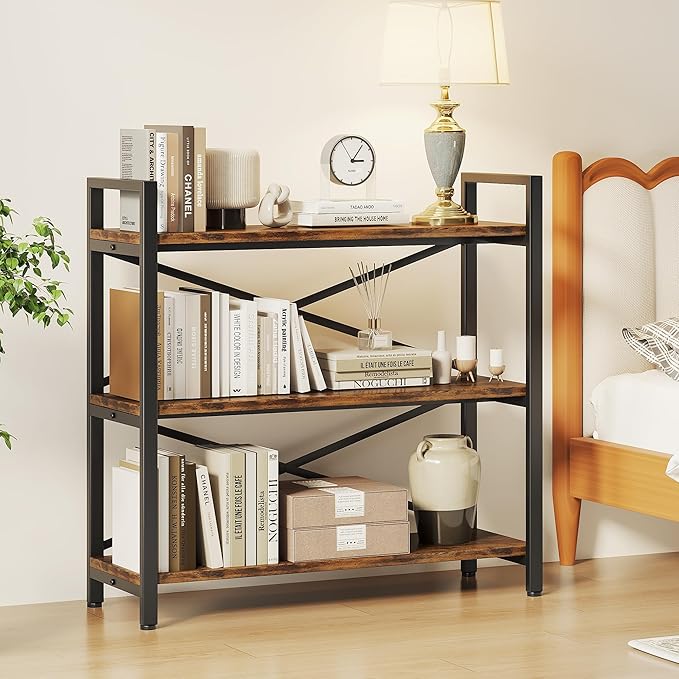 3 Tier Bookshelf 31.49" Width, Wood and Metal Etagere Bookcase, Vintage Farmhouse Modern Wooden Big Book Shelf for Home Living Room Bedroom Office Storage(Rustic Brown) - LeafyLoom