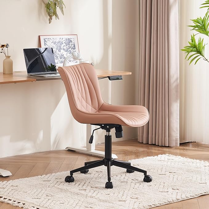 YOUTASTE Office Chair Pink Armless Desk Chair with Wheels, Modern Faux Leather Padded Computer Task Chair, Adjustable Swivel Rolling Sewing Vanity Chair with Ergonomic Rocking Back, Nude Pink - LeafyLoom
