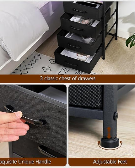 Nightstands Set of 2, Large End Tables Living Room, Bed Side Tables with Charging Station, 30" Tall Night Stand with 4 Fabric Drawers and LED Light Strip for Bedroom HNS014GY - LeafyLoom