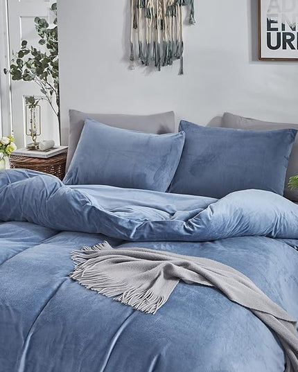 Wellboo Blue Velvet Bedding Comforter Sets Queen Size Adults Men Solid Lake Blue Fluffy Comforters Cotton Women Plain Haze Blue Flannel Quilts Warm Winter Micromink Sherpa Blankets Aesthetic Dorm Bed - LeafyLoom