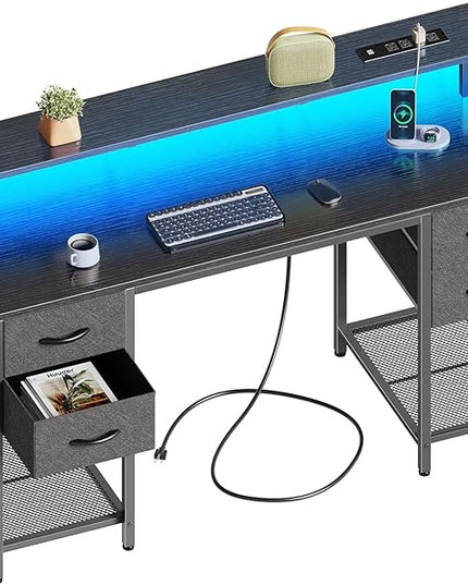 55 inch Computer Desk with 4 Drawers, Gaming Desk with LED Lights & Power Outlets, Home Office Desk with Large Storage Space for Bedroom, Work from Home, Black - LeafyLoom