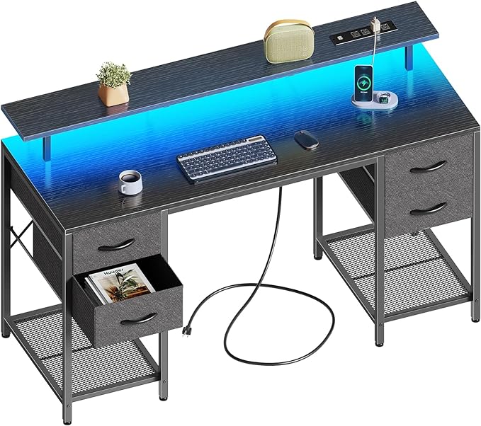 55 inch Computer Desk with 4 Drawers, Gaming Desk with LED Lights & Power Outlets, Home Office Desk with Large Storage Space for Bedroom, Work from Home, Black - LeafyLoom