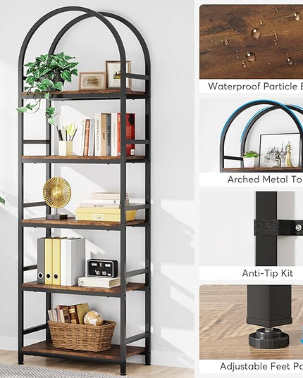 Tribesigns 5-Tier Open Bookshelf, 74.4" Wood Bookcase Storage Shelves with Metal Frame, Freestanding Display Rack Tall Shelving Unit for Office, Bedroom, Living Room, Easy Assembly(Brown, 2PCS) - LeafyLoom