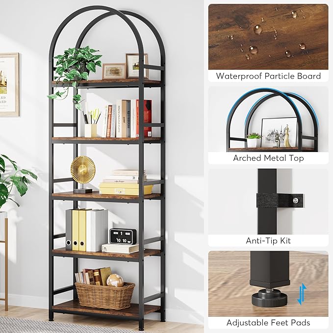 Tribesigns 5-Tier Open Bookshelf, 74.4" Wood Bookcase Storage Shelves with Metal Frame, Freestanding Display Rack Tall Shelving Unit for Office, Bedroom, Living Room, Easy Assembly(Brown, 1PC) - LeafyLoom