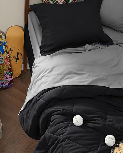 Bedsure Black Twin XL Comforter Set - 5 Pieces Reversible Black Bed Set Twin XL with Comforters, Sheets, Pillowcase & Sham, Black Bedding Set for College - LeafyLoom