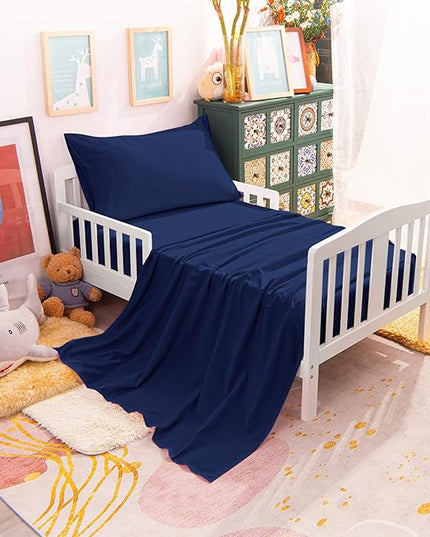 NTBAY Toddler Bedding Set - 4 Piece Soft and Breathable Crib Bedding Set for Boys and Girls, Includes Quilted Comforter, Fitted Sheet, Flat Top Sheet and Envelope Pillowcase, Navy Blue - LeafyLoom