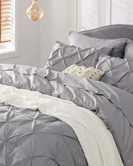 Bedsure Queen Comforter Set - Bed in a Bag Queen 7 Pieces, Pintuck Bedding Sets Grey Bed Set with Comforter, Sheets, Pillowcases & Shams - LeafyLoom