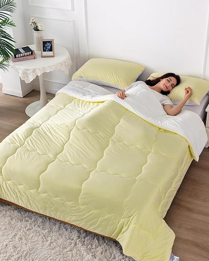 COTTEBED Yellow White Twin Size Bed Comforter Set, Cute Jersey Knit T-Shirt Feel Reversible Blanket Comforter Ultra-Soft Cozy Lightweight Quilt Pillowsham for Kid Boy Girl Dorm All Season Twin/Twin XL - LeafyLoom