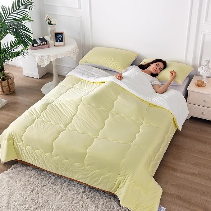 COTTEBED Yellow White Twin Size Bed Comforter Set, Cute Jersey Knit T-Shirt Feel Reversible Blanket Comforter Ultra-Soft Cozy Lightweight Quilt Pillowsham for Kid Boy Girl Dorm All Season Twin/Twin XL - LeafyLoom