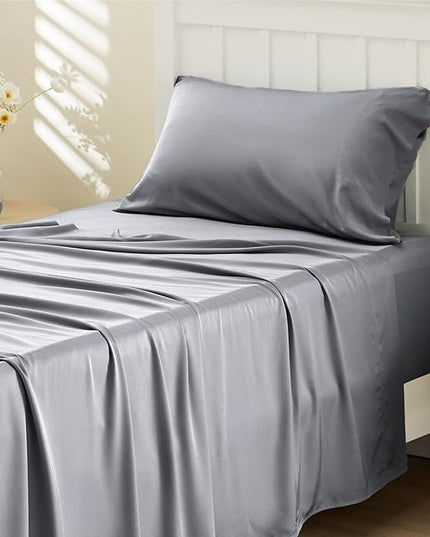 Bedsure Twin XL Sheet Set Dorm Bedding, Cooling Sheets Twin Extra Long Sheets, Rayon Derived from Bamboo, Deep Pocket Up to 16", Hotel Luxury Silky Bedding Sheets & Pillowcases, Silver Grey - LeafyLoom