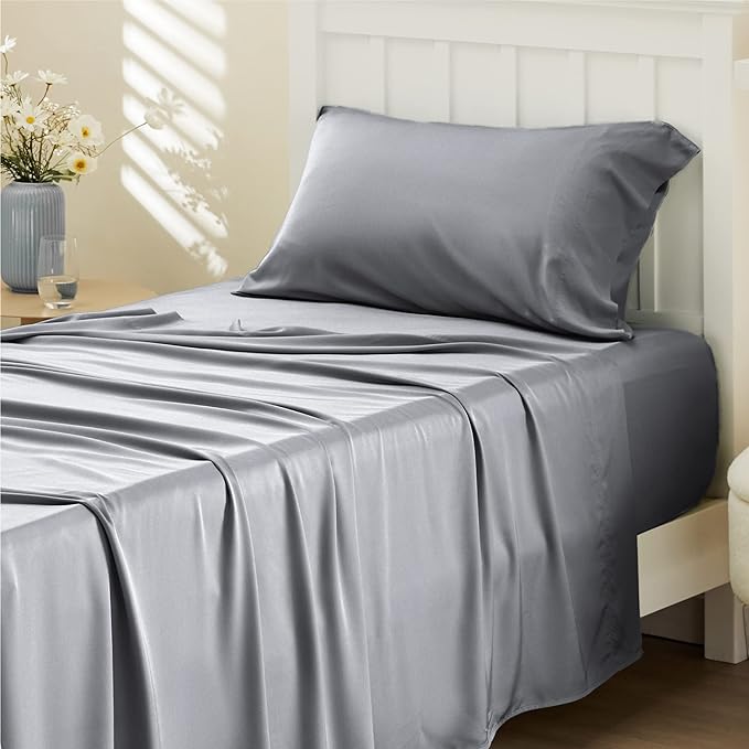 Bedsure Twin Sheets Set, Cooling Sheets Twin Size Bed Set, Rayon Derived from Bamboo, Twin Size Sheets, Breathable & Soft Bed Sheets, Hotel Luxury Silky Bedding Sheets & Pillowcases, Silver Grey - LeafyLoom
