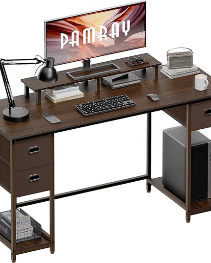 Pamray 55 Inch Computer Desk with Non-Woven Storage Drawers and Monitor Stand Home Office Desk for Bedroom Study Table Writing and Work Desk Deep Brown - LeafyLoom
