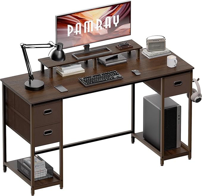 Pamray 55 Inch Computer Desk with Non-Woven Storage Drawers and Monitor Stand Home Office Desk for Bedroom Study Table Writing and Work Desk Deep Brown - LeafyLoom