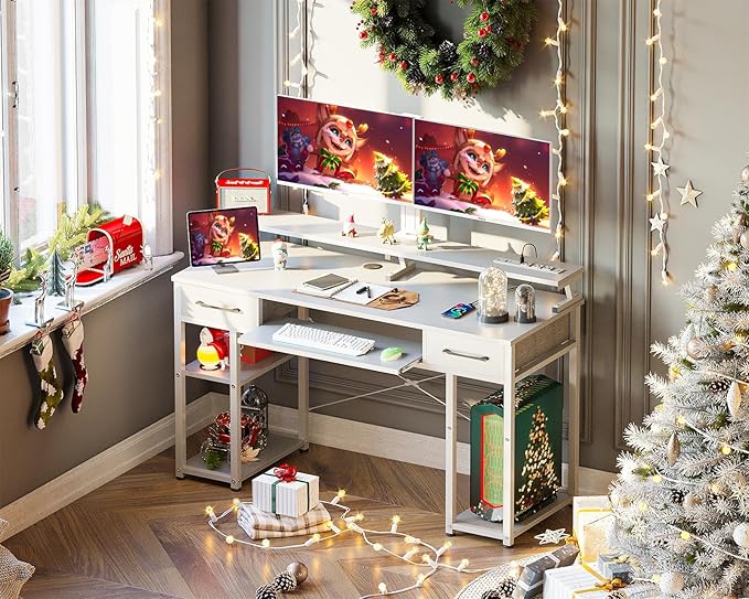 ODK Computer Desk with Drawers & Power Outlet, 48 Inch Office Desk with Keyboard Tray & Storage Shelves & PC Stand, Office Table Work Desk with Monitor Stand, White - LeafyLoom