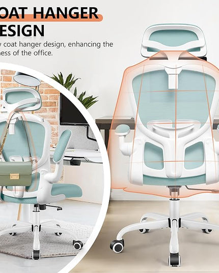 FelixKing Office Chair with Headrest, Ergonomic Desk Chair with Wheels,Hanger，Adjustable Lumbar Support Swivel Comfy Task Chair with Flip-up Armrests, Ergo Mesh Backrest (Light Blue) - LeafyLoom