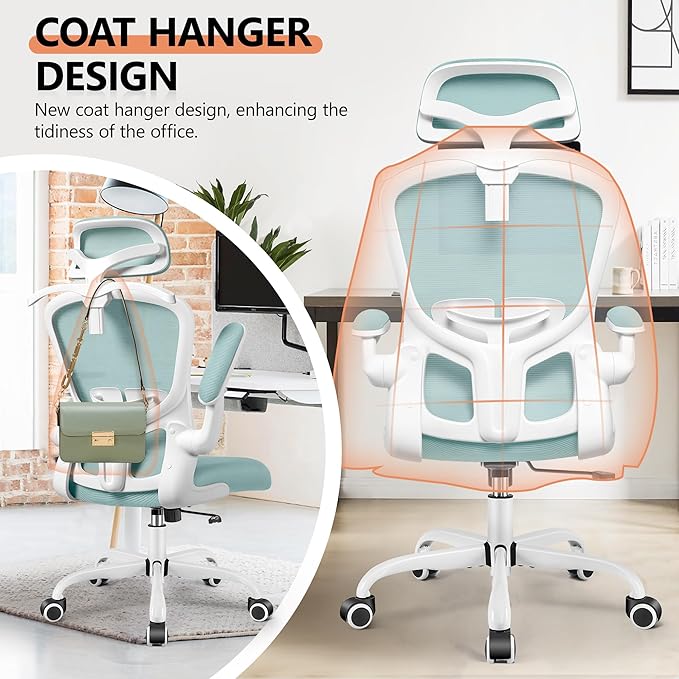 FelixKing Office Chair with Headrest, Ergonomic Desk Chair with Wheels,Hanger，Adjustable Lumbar Support Swivel Comfy Task Chair with Flip-up Armrests, Ergo Mesh Backrest (Light Blue) - LeafyLoom