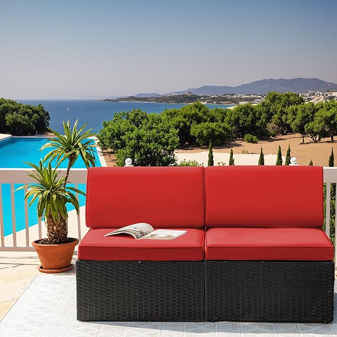 Greesum 2 Piece Patio Conversation Set Wicker Rattan Furniture Outdoor Sofa with Cushions,Pillows and Glass Table for Porch,Lawn and Yard, Red - LeafyLoom