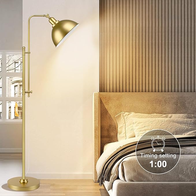 PARTPHONER Industrial Floor Lamp Adjustable, Rustic Farmhouse Reading Lamp in Aged Gold Finish, Modern Standing Lamp with Remote Control Metal Shade for Living Room Bedroom Study Room Office Hotel - LeafyLoom