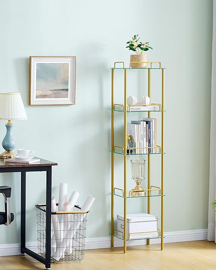 5-Tier Bookcase, Tempered Glass Bookshelves, Narrow Bookshelf for Small Spaces, Storage Rack Display Shelf Slim Shelving Unit for Living Room, Bedroom, Bathroom, Entryway, Office, Golden - LeafyLoom