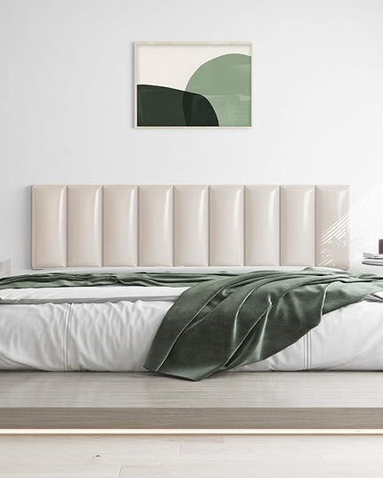 Tbfit Upholstered Wall Mounted Headboard for King Size Bed, Soundproof Peel and Stick Headboards, Tufted Floating Dorm Bed Headboard, Pack of 12 Panels Sized 10” x 24”, Leather Beige - LeafyLoom