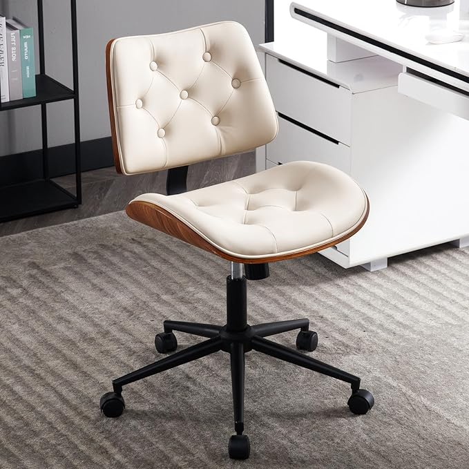 Armless Home Office Chair Modern Walnut Chair with Wheels Mid Back Swivel Computer Chair No arm Adjustable Height Leather Desk Chair for Reading,Meeting Room (Beige) - LeafyLoom