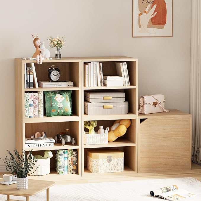 Storage Cube 2 Tires Natural Stackable Storage Shelf with Door, Cubby Organizer Wooden Display Shelf Closet Organizer,Modern Cubical Bookcase Small Storage Cabinet for Living Room Bedroom - LeafyLoom
