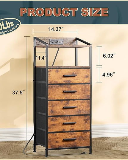Nightstand 5 Drawer Dresser with LED Lights and Charging Station, Vertical Side Table with Fabric Drawers, End Table with Open Shelf, Tall Dresser for Bedroom, Hallway, Entryway, Rustic Brown - LeafyLoom