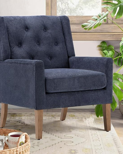 COLAMY Mid-Century Accent Chairs, Modern Wingback Living Room Chair, Upholstered Armchair with Button Tufted Back and Wood Legs for Bedroom/Office/Reading Spaces, Blue - LeafyLoom